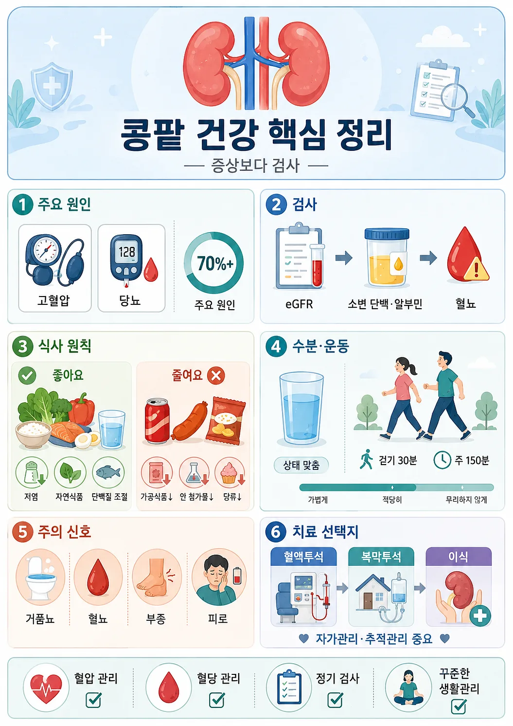 콩팥 건강 핵심을 원인, 검사, 식사, 운동, 주의 신호, 치료 선택지로 정리한 인포그래픽