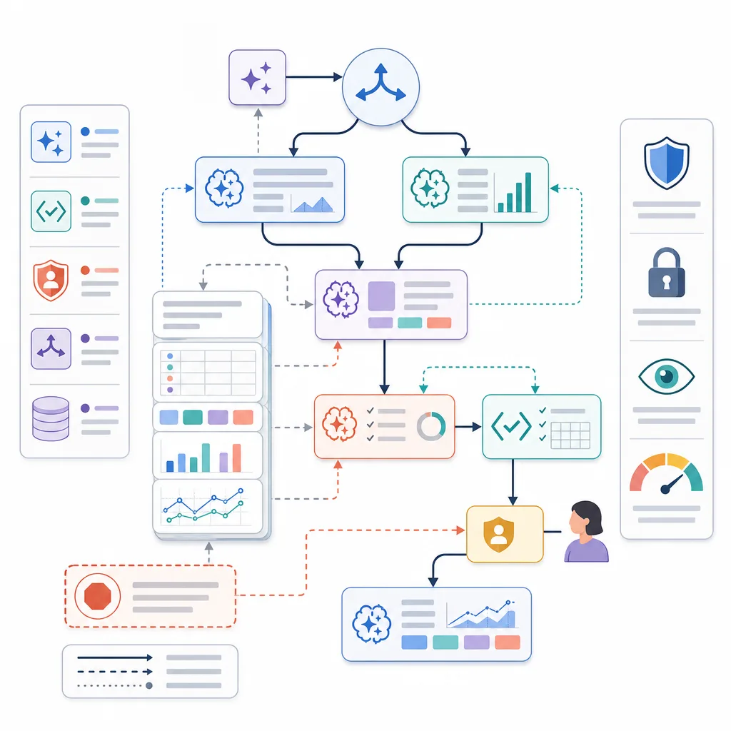 Diagrama de flujo con agentes de IA, paneles de datos, validación, seguridad y revisión humana