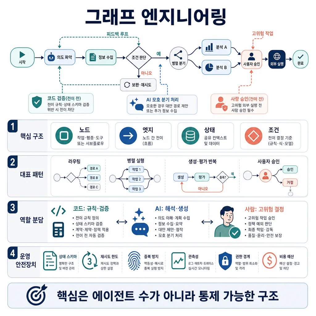 AI 에이전트 워크플로의 노드, 엣지, 조건, 역할 분담과 운영 안전장치를 설명하는 그래프 엔지니어링 도표