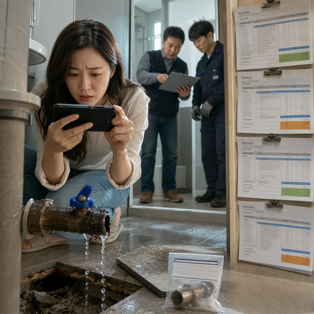 漏水する配管をスマートフォンで撮影し、後方で点検する作業員