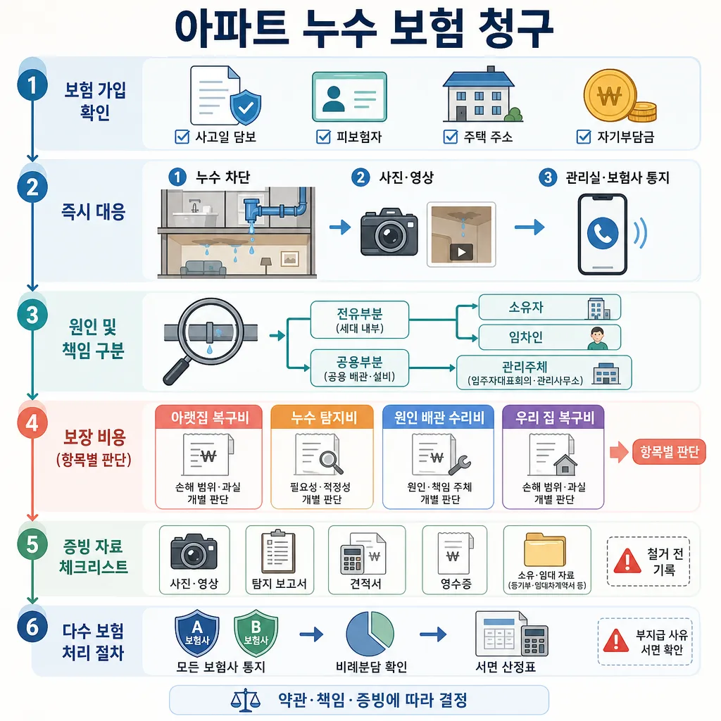 아파트 누수 보험 청구의 보험 확인, 즉시 대응, 책임 구분, 비용 판단, 증빙, 다수 보험 처리 절차