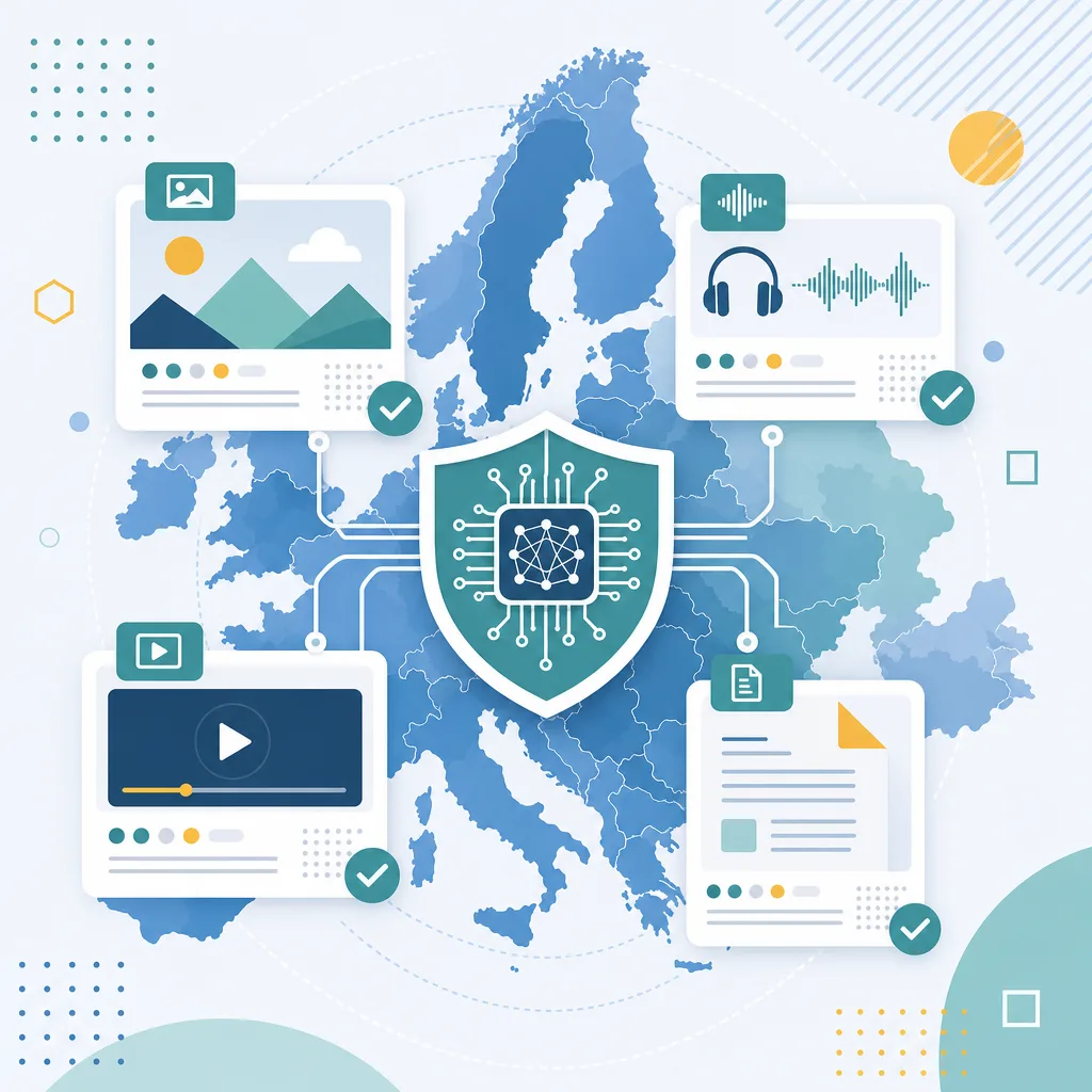 Mapa de Europa con escudo de IA y tarjetas verificadas de imagen, audio, video y documento