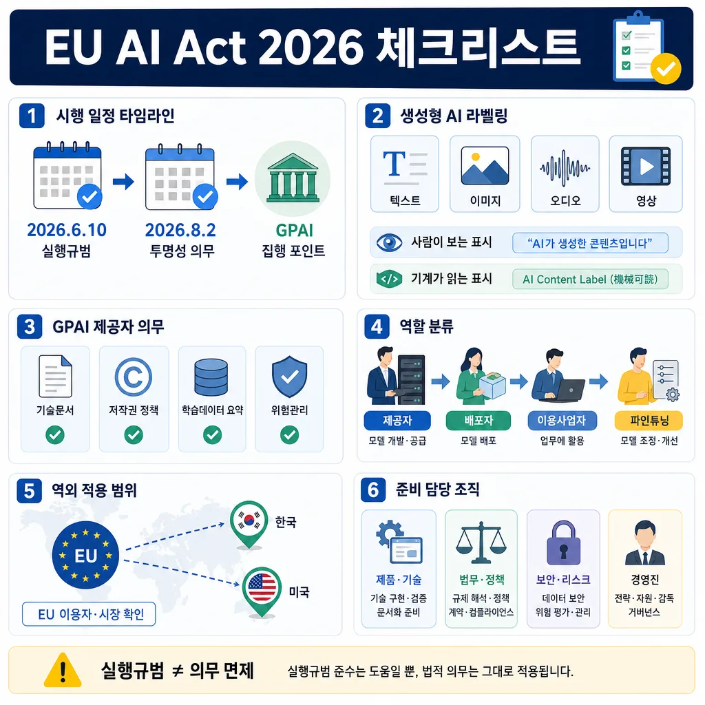 EU AI Act 2026 체크리스트를 6개 항목으로 정리한 한국어 인포그래픽