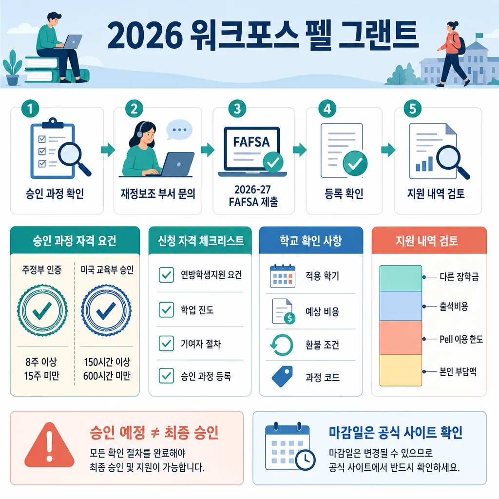 2026 워크포스 펠 그랜트의 신청 5단계, 자격 요건, 학교 확인 사항을 정리한 인포그래픽