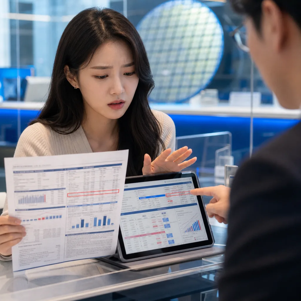 반도체 웨이퍼를 배경으로 재무 자료와 태블릿 화면을 검토하는 두 사람