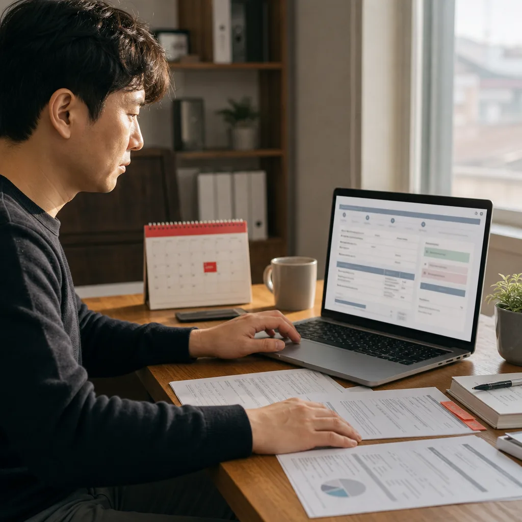 Man reviewing documents and a laptop at a desk while preparing an application
