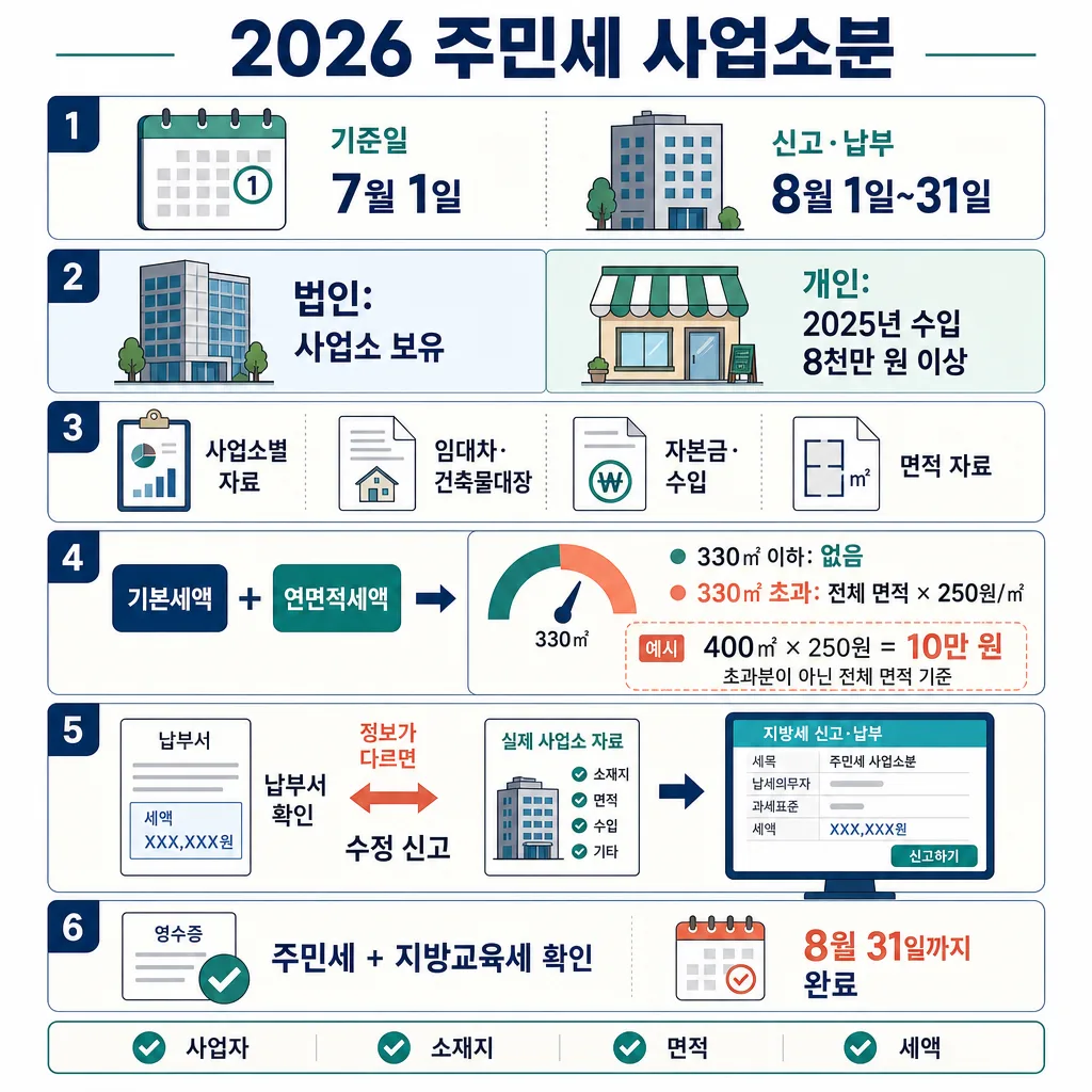 2026 주민세 사업소분의 대상, 자료, 세액 계산, 신고와 납부를 6단계로 정리한 안내