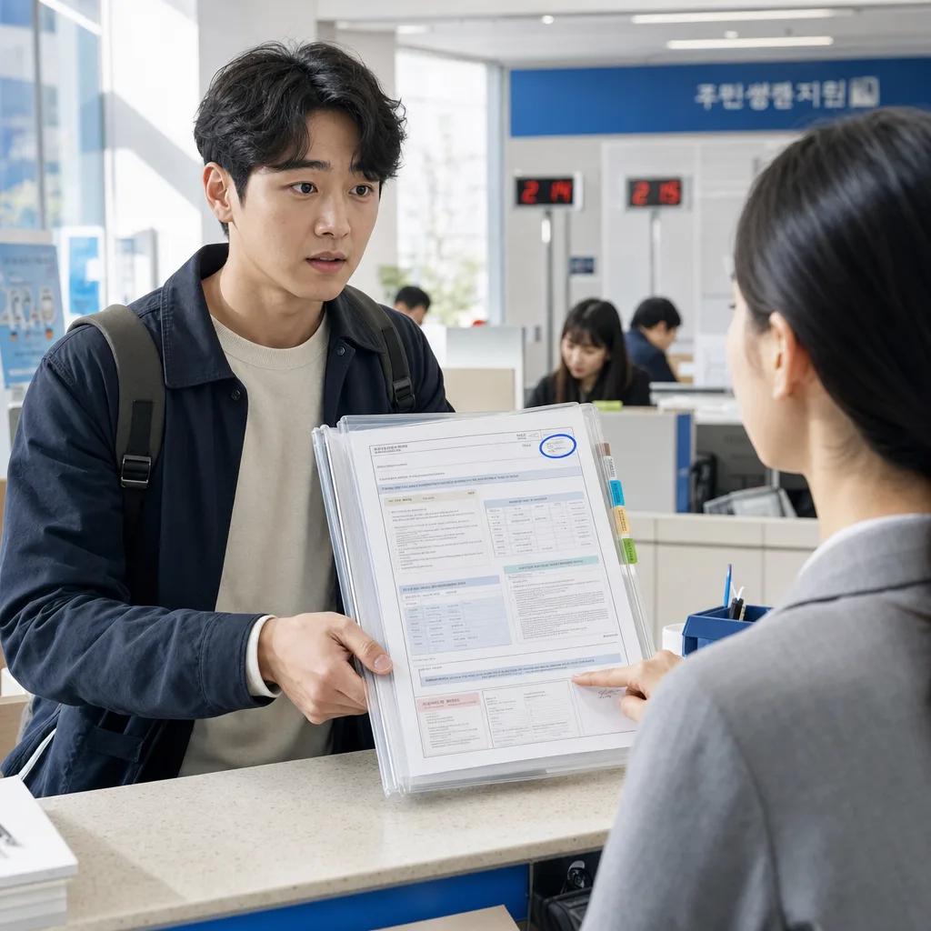 住民生活支援窓口で書類ファイルを持ち、職員の案内を受ける男性