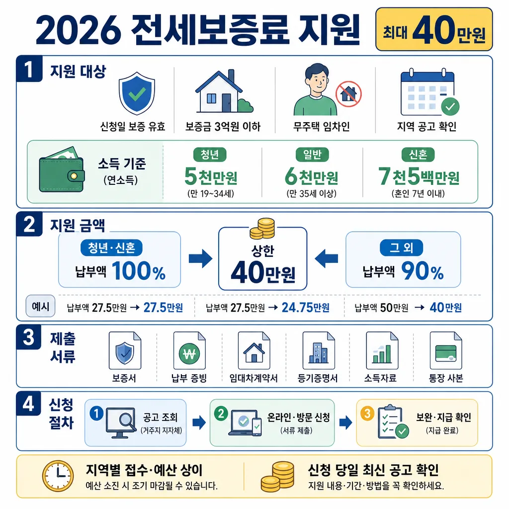 2026 전세보증료 지원 대상, 최대 40만원 지원액, 제출 서류와 신청 절차 안내 인포그래픽