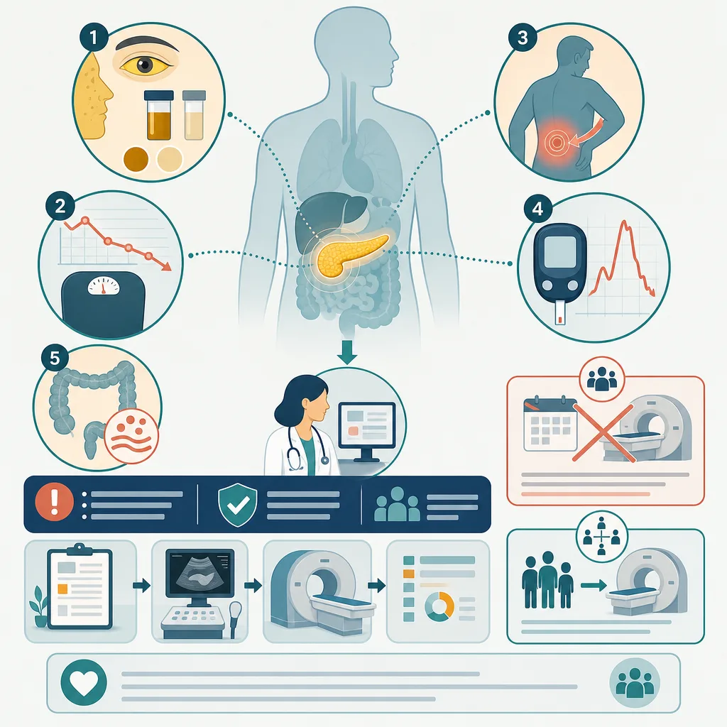 Infografía médica del páncreas con cinco señales de alerta y el proceso de diagnóstico