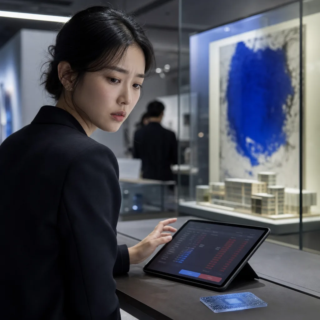 Mujer usando una tableta con datos de mercado en una sala de exposición