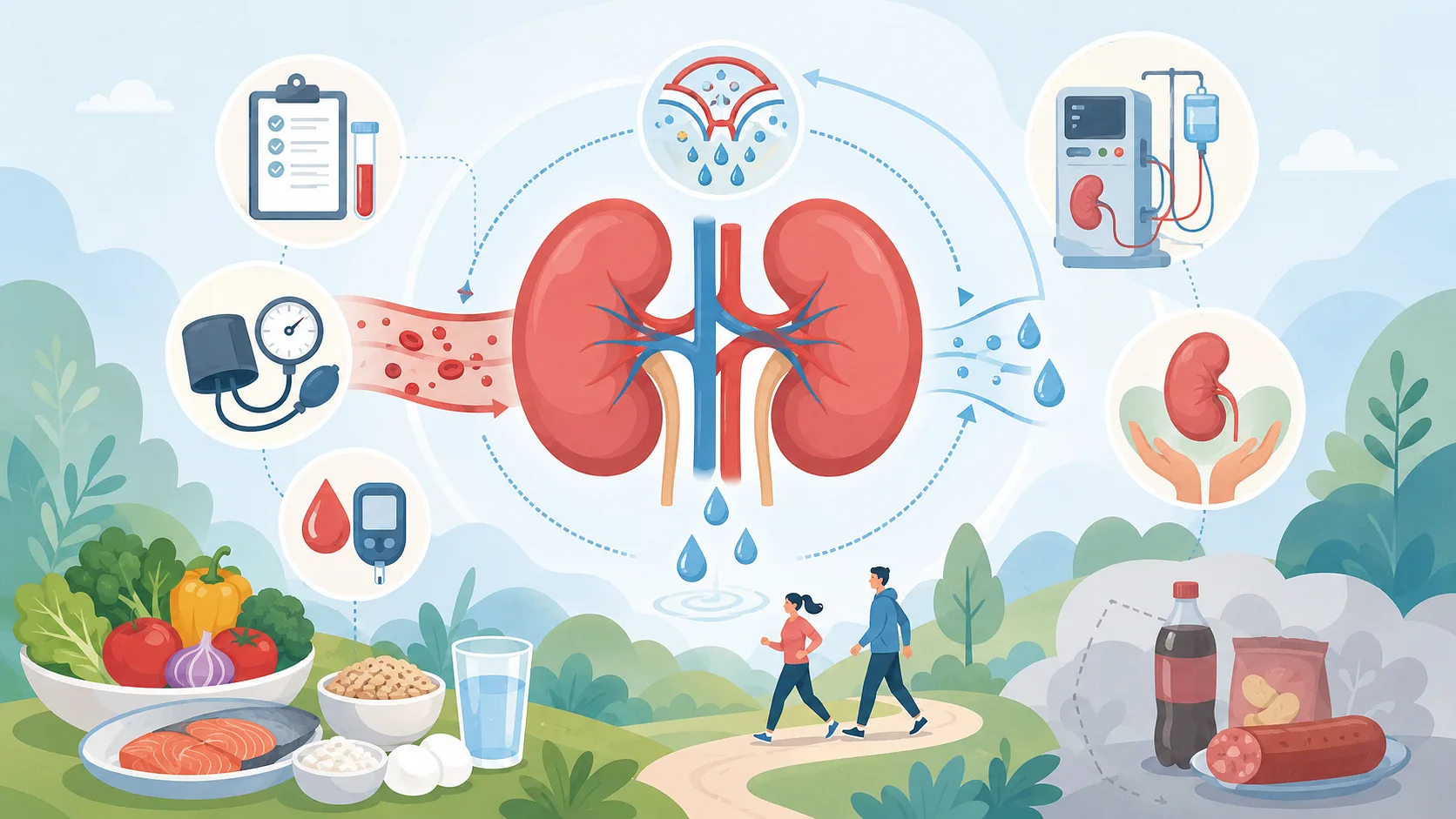 Vector illustration of kidneys with testing, blood pressure, glucose, diet, walking, dialysis, and transplant care