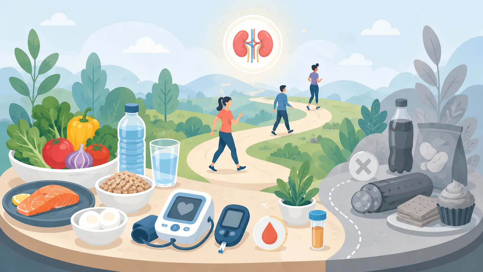 Vector scene contrasting healthy foods, water, monitors, a walking path, and muted processed foods
