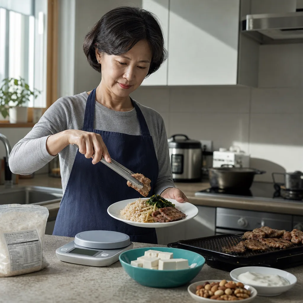 キッチンスケールの横で焼いた肉をトングで皿に盛る女性