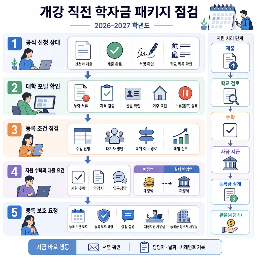 개강 직전 학자금 패키지 확인 5단계와 지원 처리 절차를 안내하는 인포그래픽