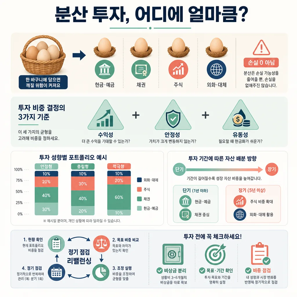 달걀과 자산 아이콘으로 분산 투자 비중과 포트폴리오 예시를 설명하는 인포그래픽