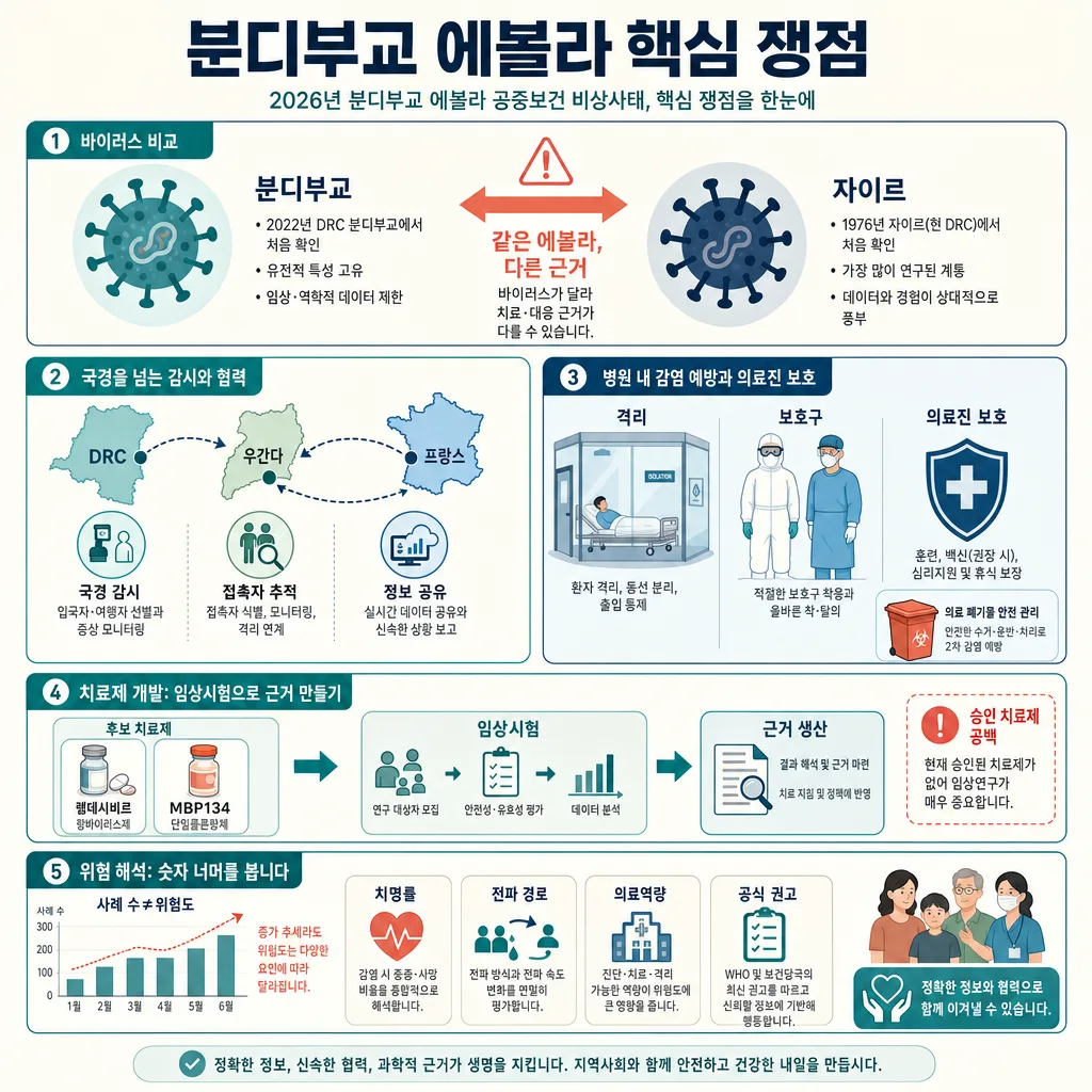 분디부교 에볼라 핵심 쟁점을 정리한 한국어 인포그래픽