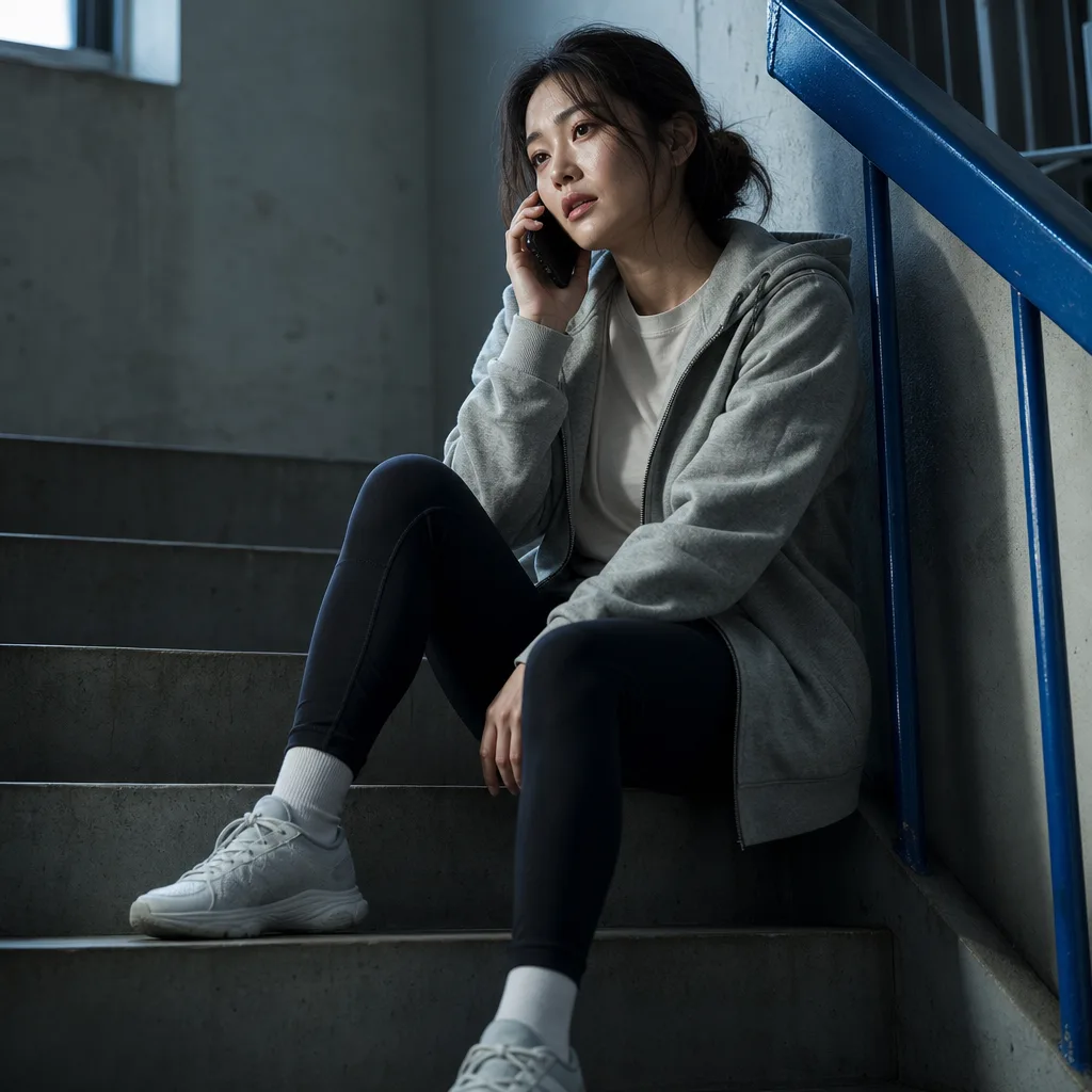회색 후드티를 입고 콘크리트 계단에 앉아 휴대전화를 귀에 댄 지친 표정의 여성