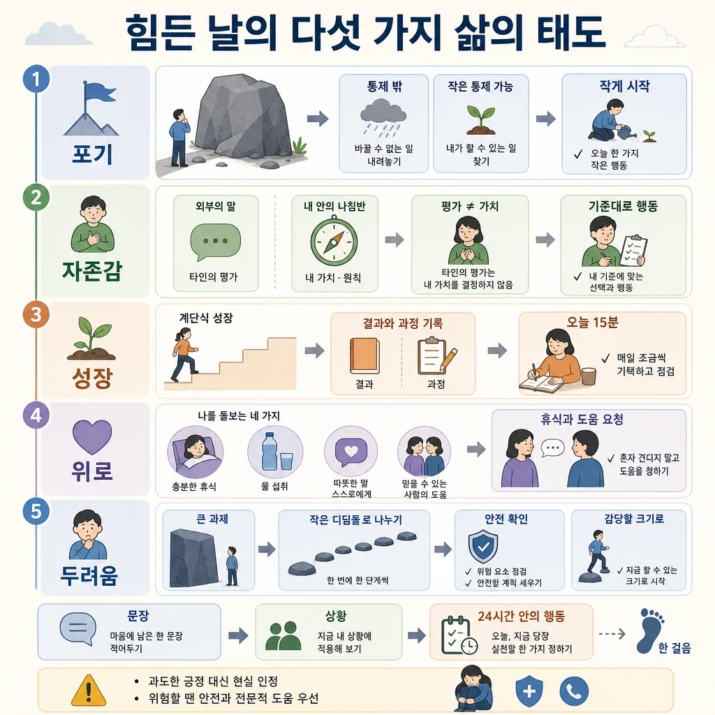 힘든 날의 삶의 태도 다섯 가지를 포기, 자존감, 성장, 위로, 두려움으로 나눈 인포그래픽