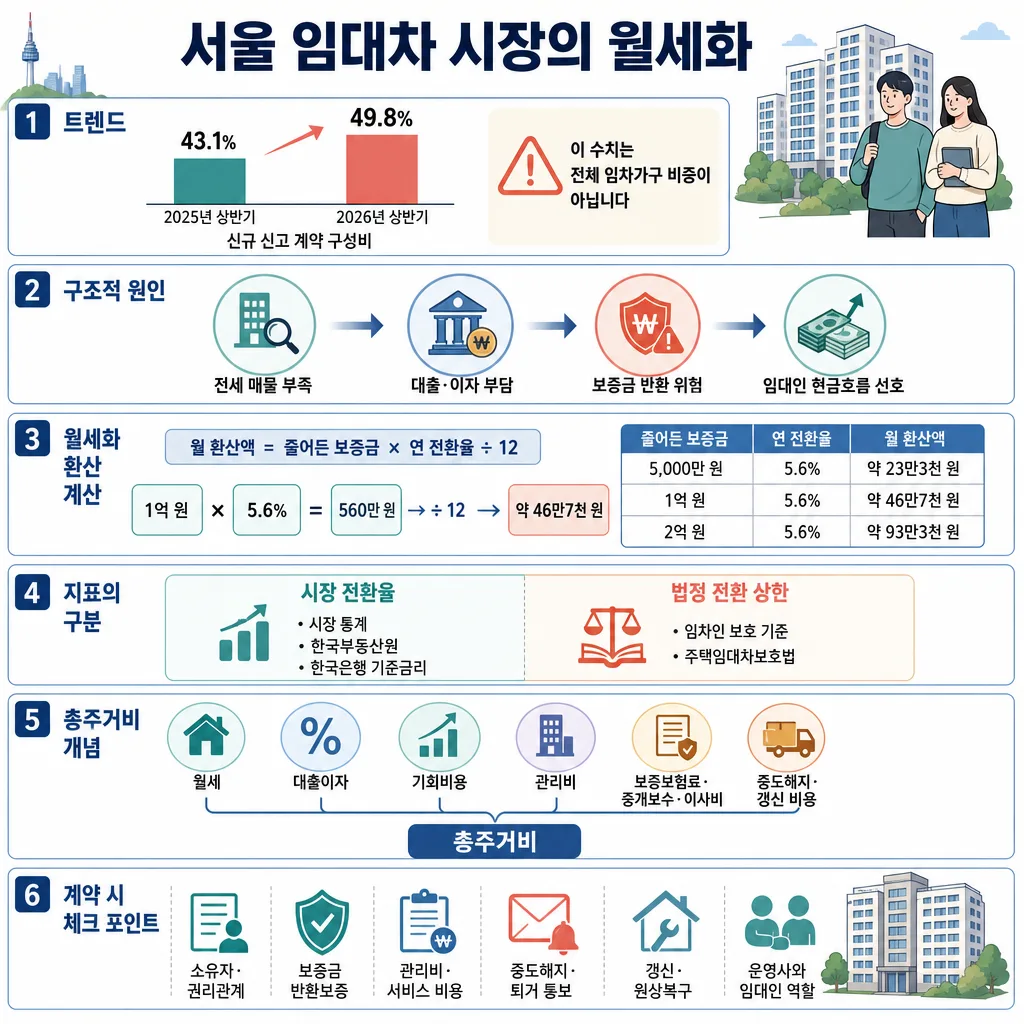 서울 임대차 시장의 월세화 추세, 원인, 환산 계산, 총주거비와 계약 점검 항목을 정리한 인포그래픽