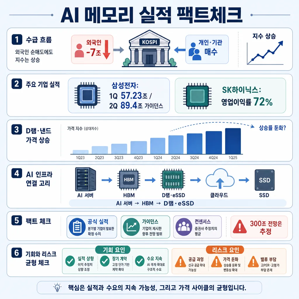 AI 메모리 실적 팩트체크 인포그래픽, 외국인 매도·반도체 실적·가격 상승·리스크 요약