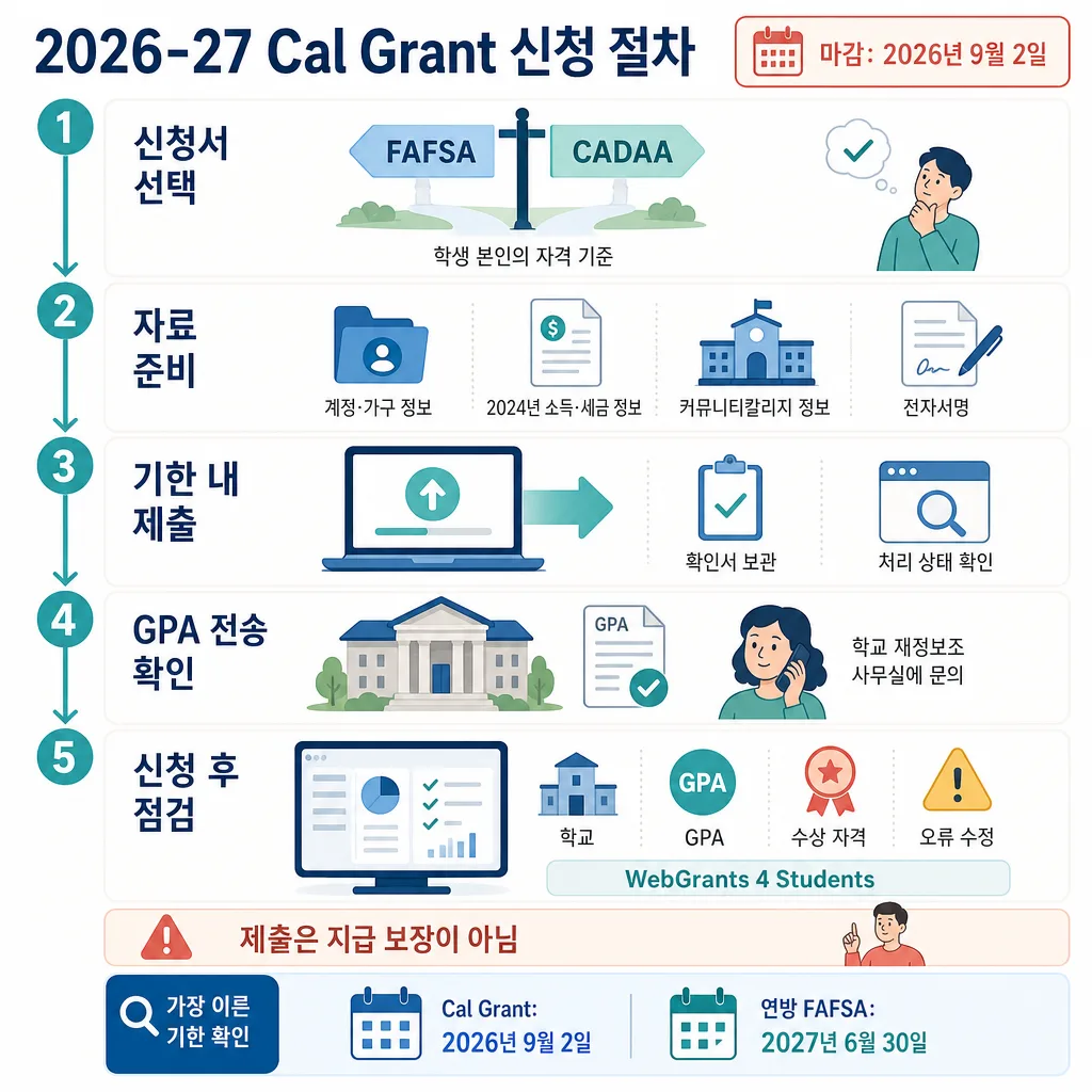 2026-27 Cal Grant 신청 5단계와 2026년 9월 2일 마감일을 안내하는 인포그래픽