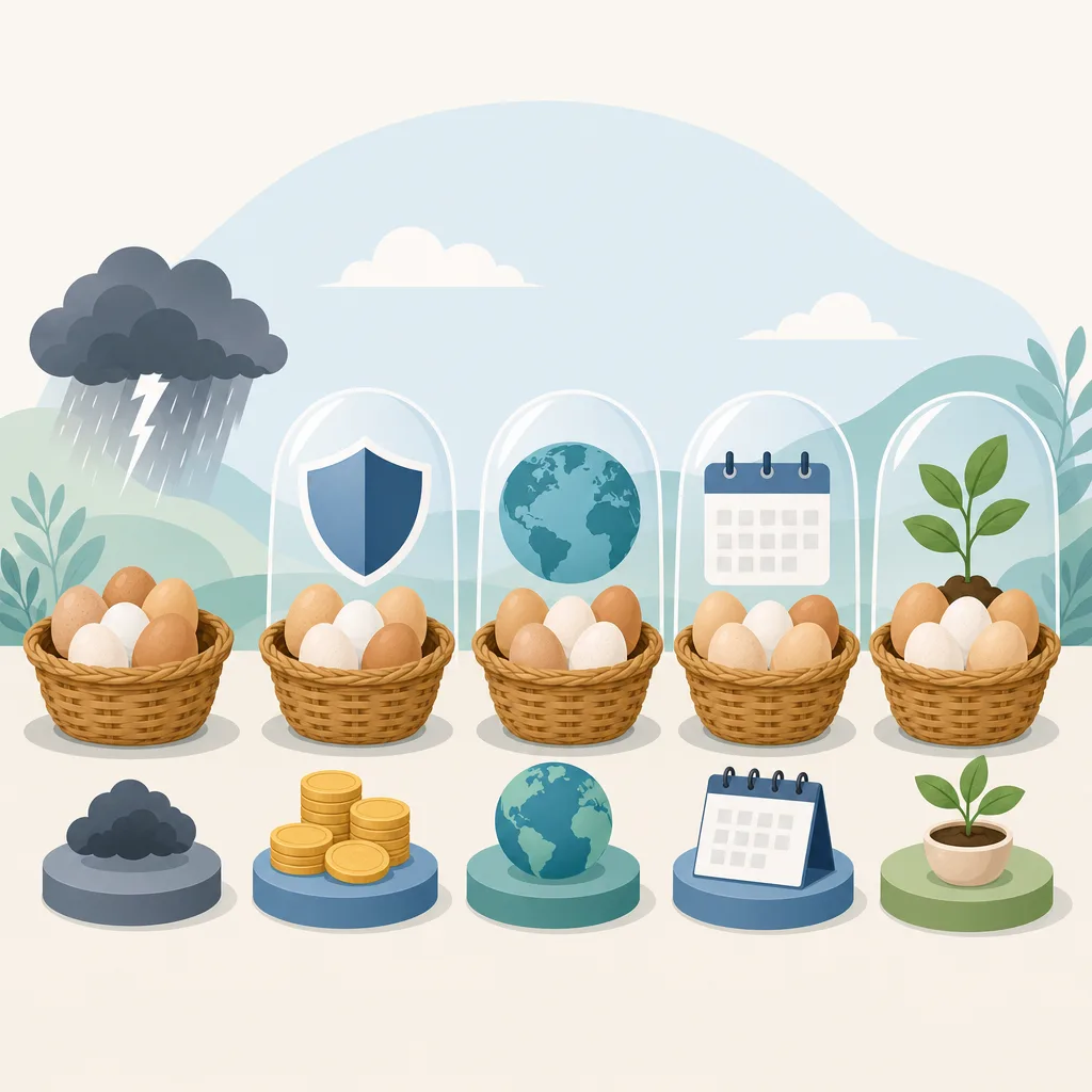 Egg baskets with storm, shield, globe, calendar, and sprout icons