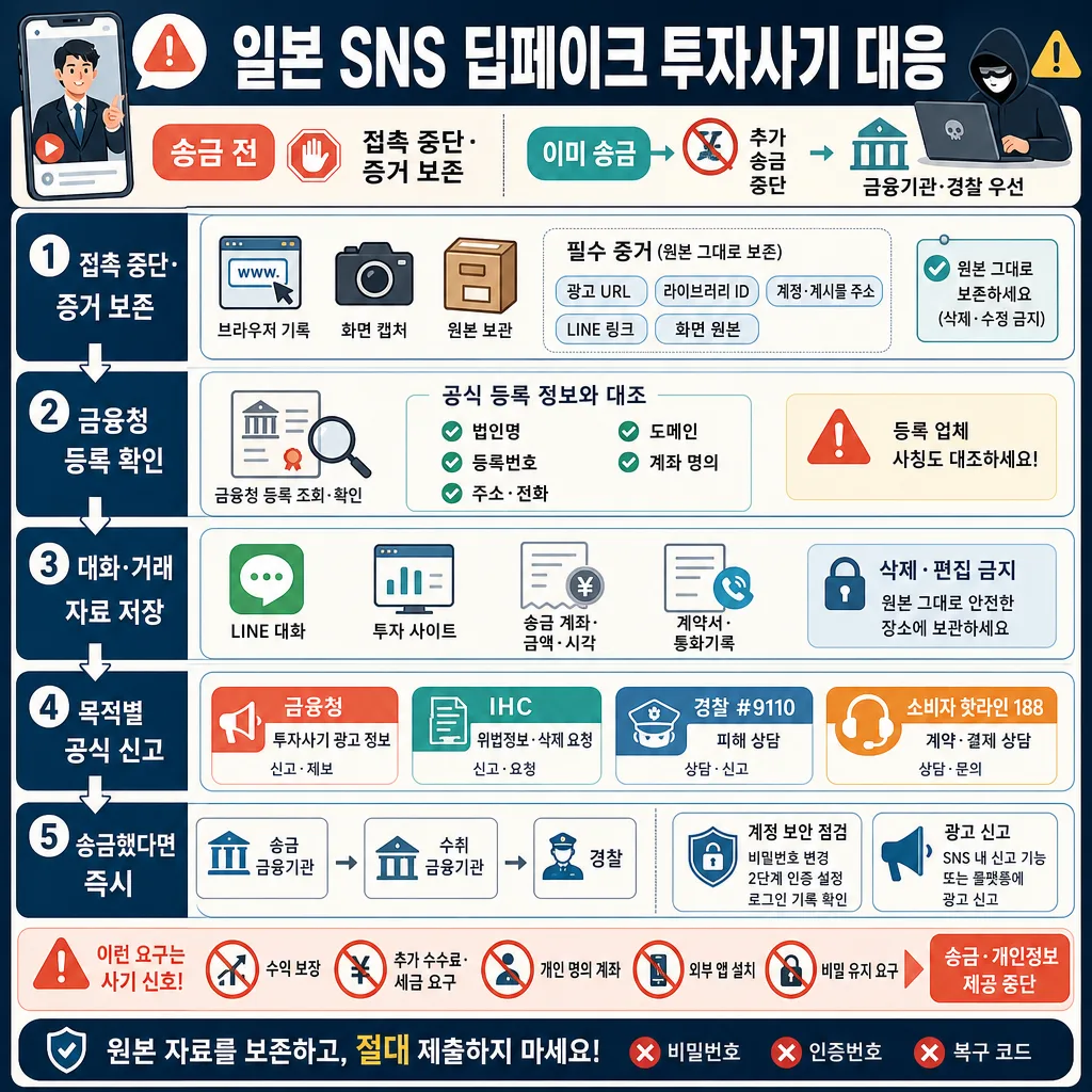 일본 SNS 딥페이크 투자사기 대응 5단계와 증거 보존·신고 기관을 안내하는 인포그래픽