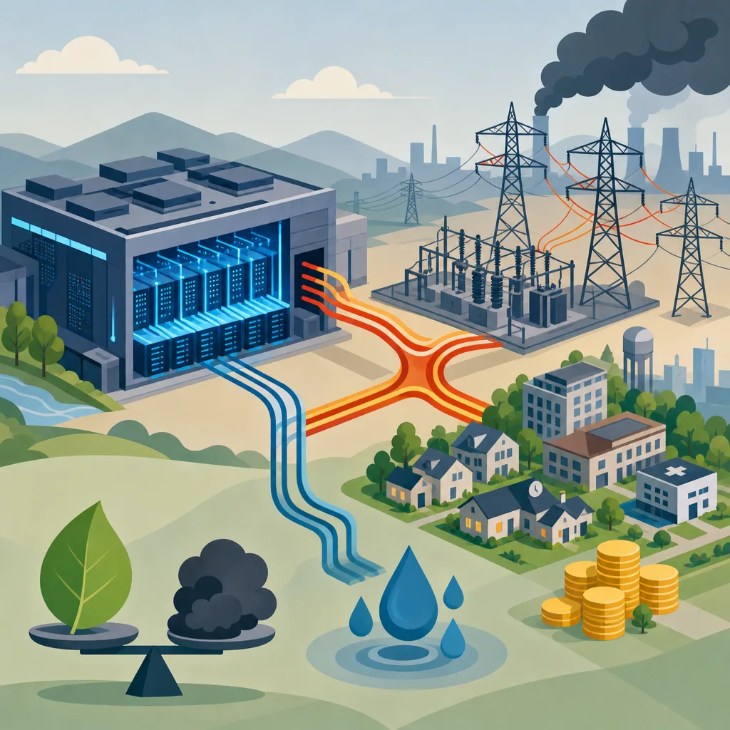 Illustration of a data center linked to power grids, emissions, homes, water use, and costs