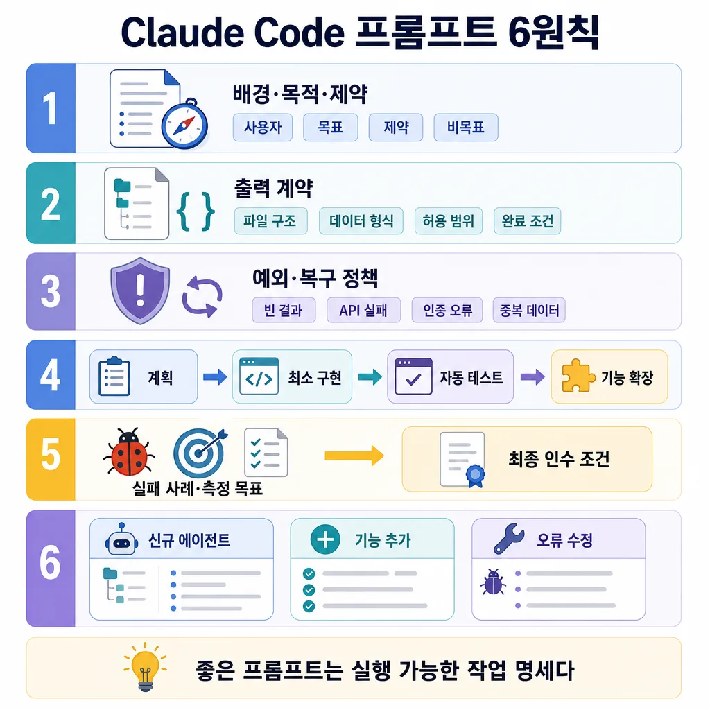 Claude Code 프롬프트 6원칙을 아이콘과 단계별 항목으로 정리한 인포그래픽