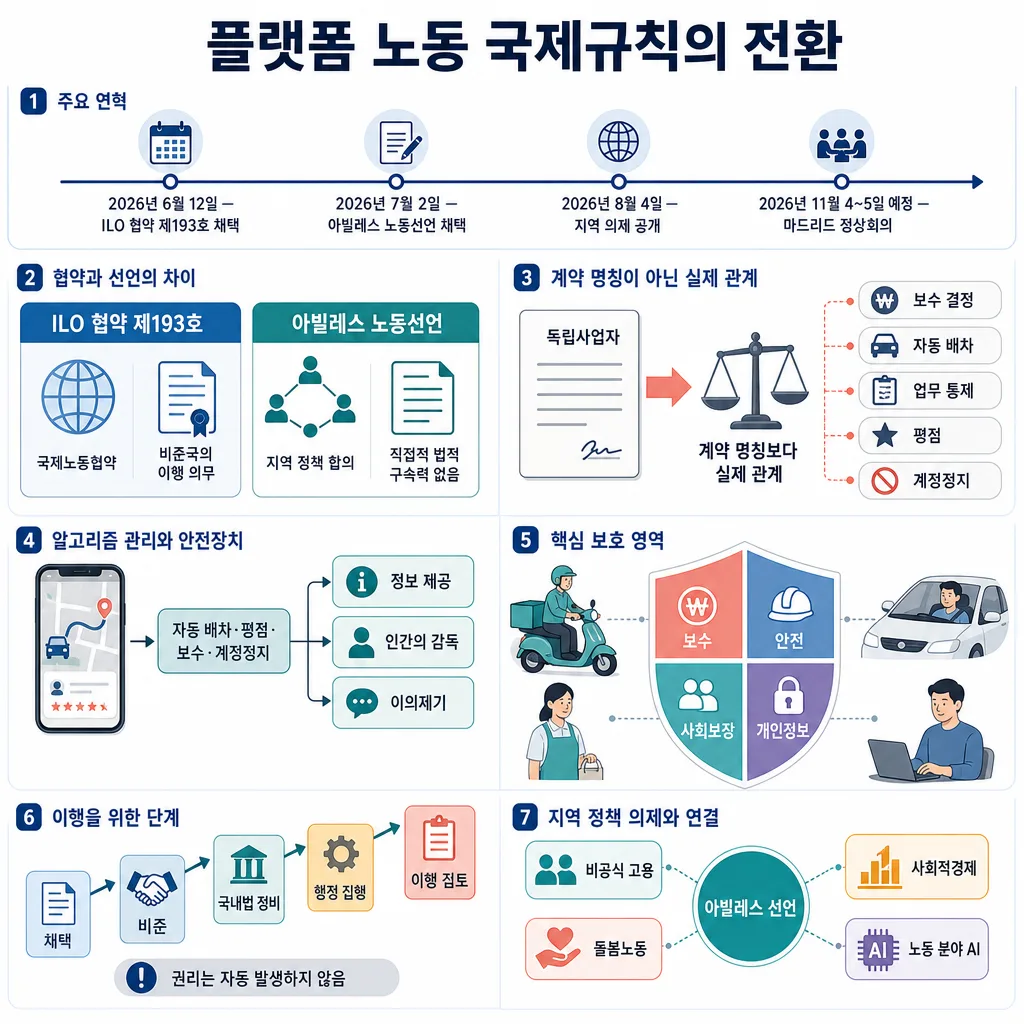 플랫폼 노동 국제규칙의 연혁과 협약·선언의 차이, 알고리즘 관리 및 보호 영역을 정리한 인포그래픽