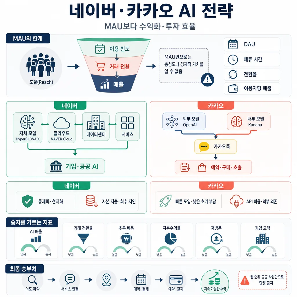 네이버와 카카오의 AI 구조, 수익화 경로, 투자 효율 지표를 비교한 인포그래픽