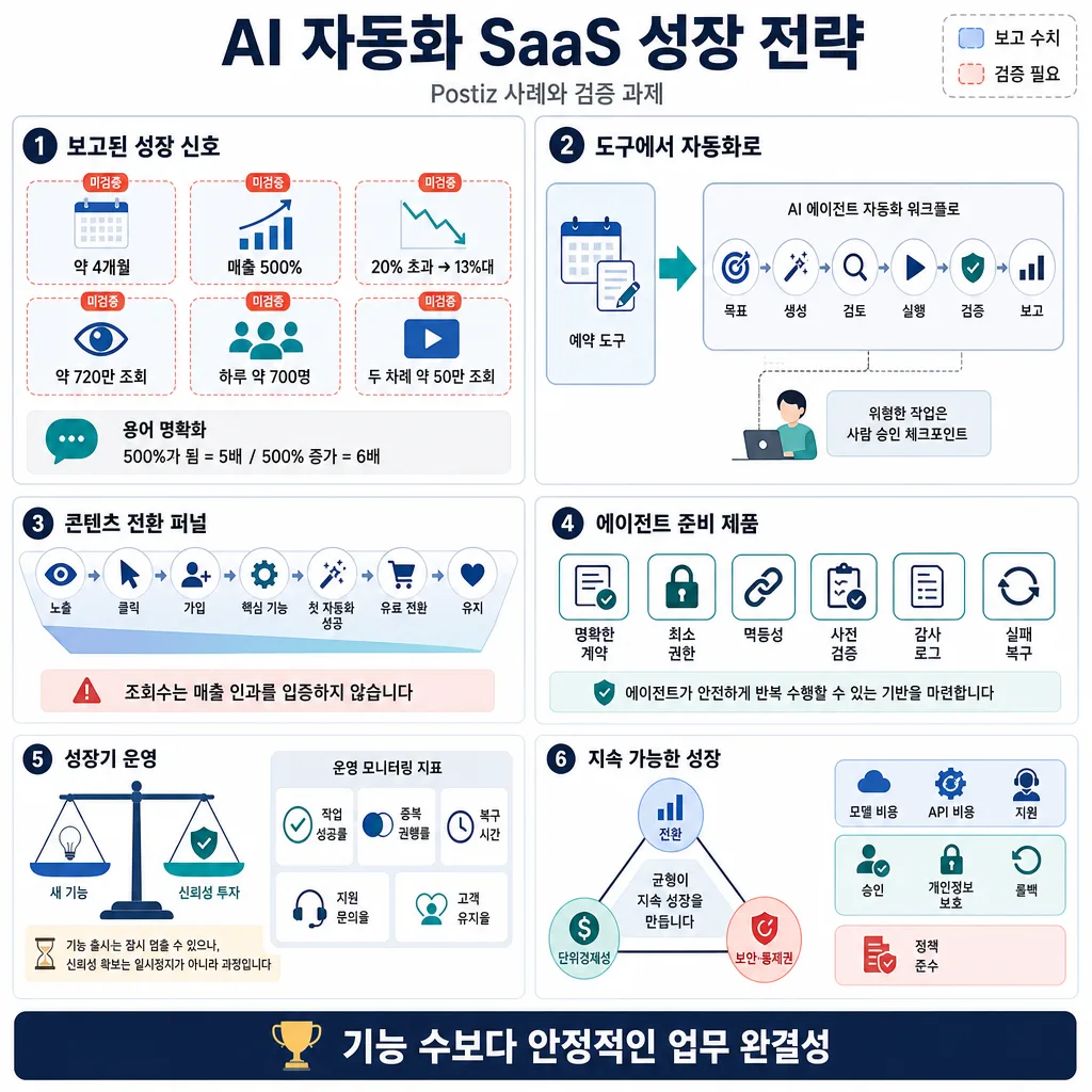 AI 자동화 SaaS 성장 전략을 성장 신호, 자동화, 전환 퍼널, 준비 제품, 운영, 지속 성장으로 정리한 인포그래픽