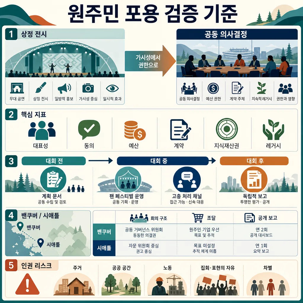 원주민 포용 검증 기준을 단계, 지표, 도시 사례, 인권 리스크로 정리한 인포그래픽
