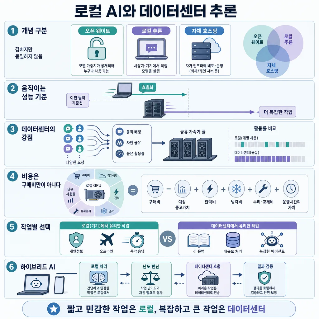 로컬 AI와 데이터센터 추론을 개념, 성능, 비용, 작업 유형, 하이브리드 방식으로 비교한 인포그래픽