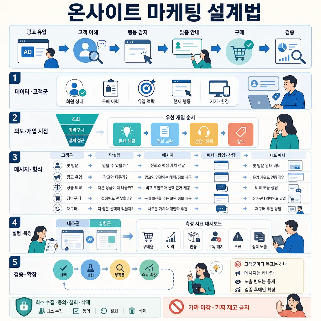 광고 유입부터 구매 검증까지 5단계 온사이트 마케팅 설계 과정을 정리한 인포그래픽