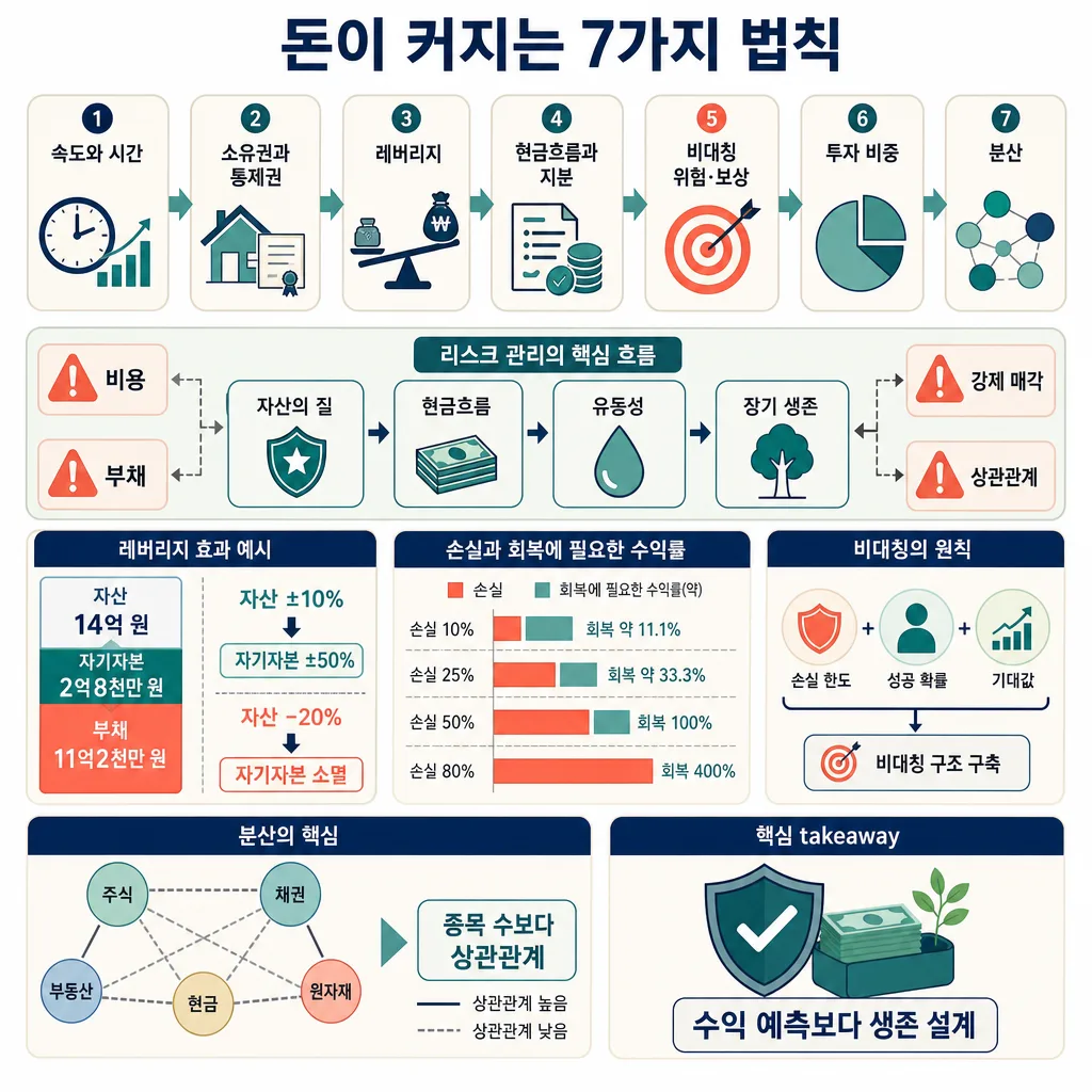 돈이 커지는 7가지 법칙과 리스크 관리, 레버리지, 분산 원칙을 설명한 인포그래픽