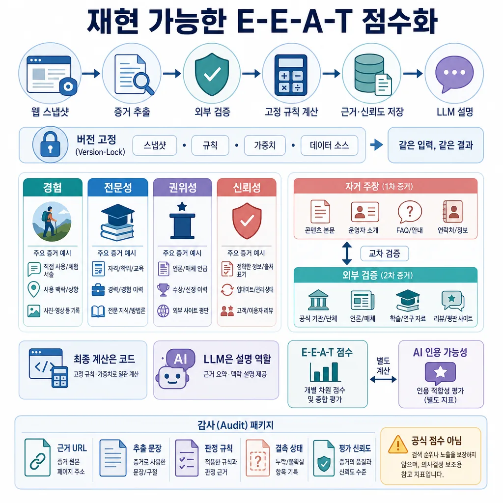 웹 스냅샷부터 검증, 규칙 계산, E-E-A-T 점수와 감사 패키지까지 보여주는 한국어 인포그래픽