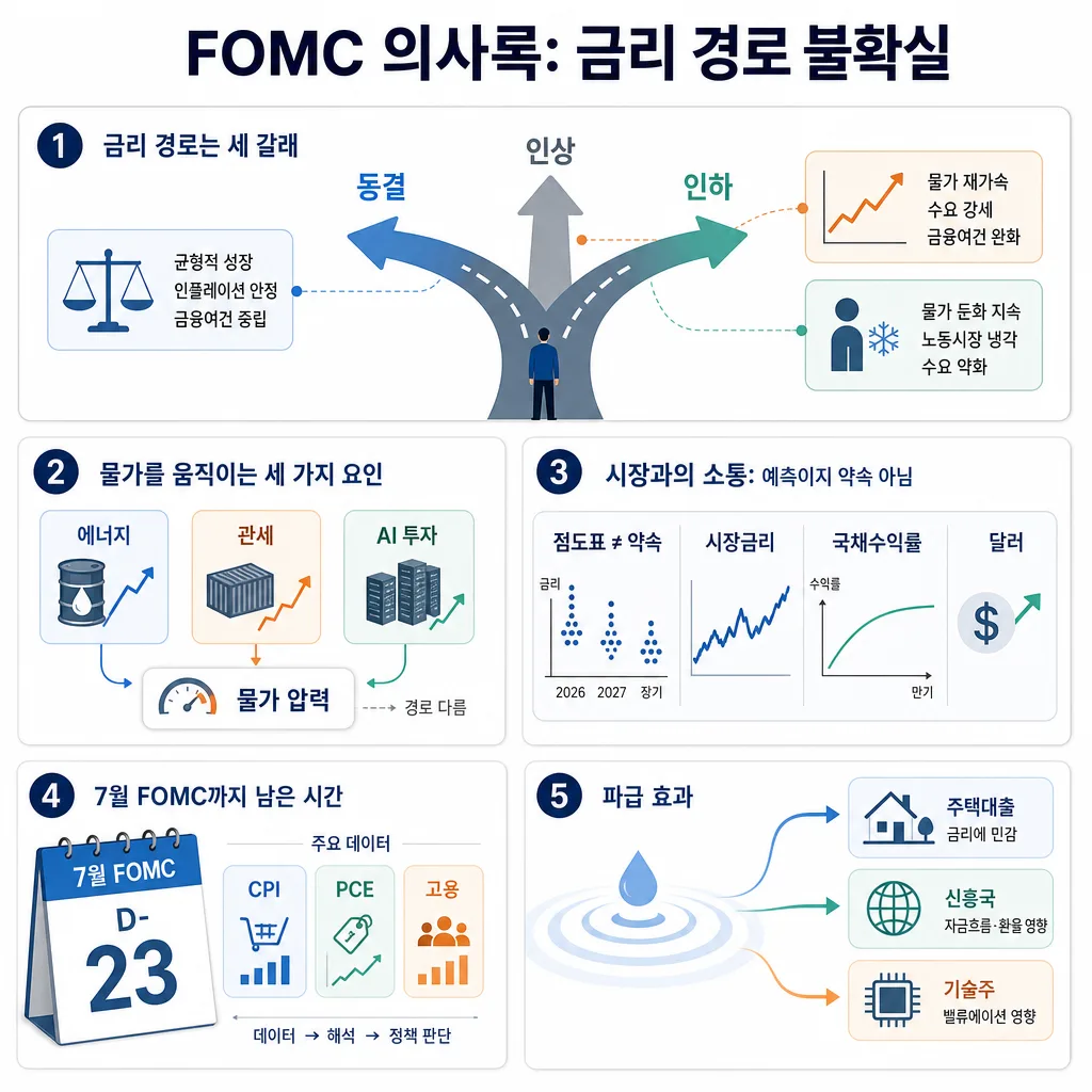 FOMC 의사록의 금리 경로 불확실성을 설명하는 한국어 인포그래픽