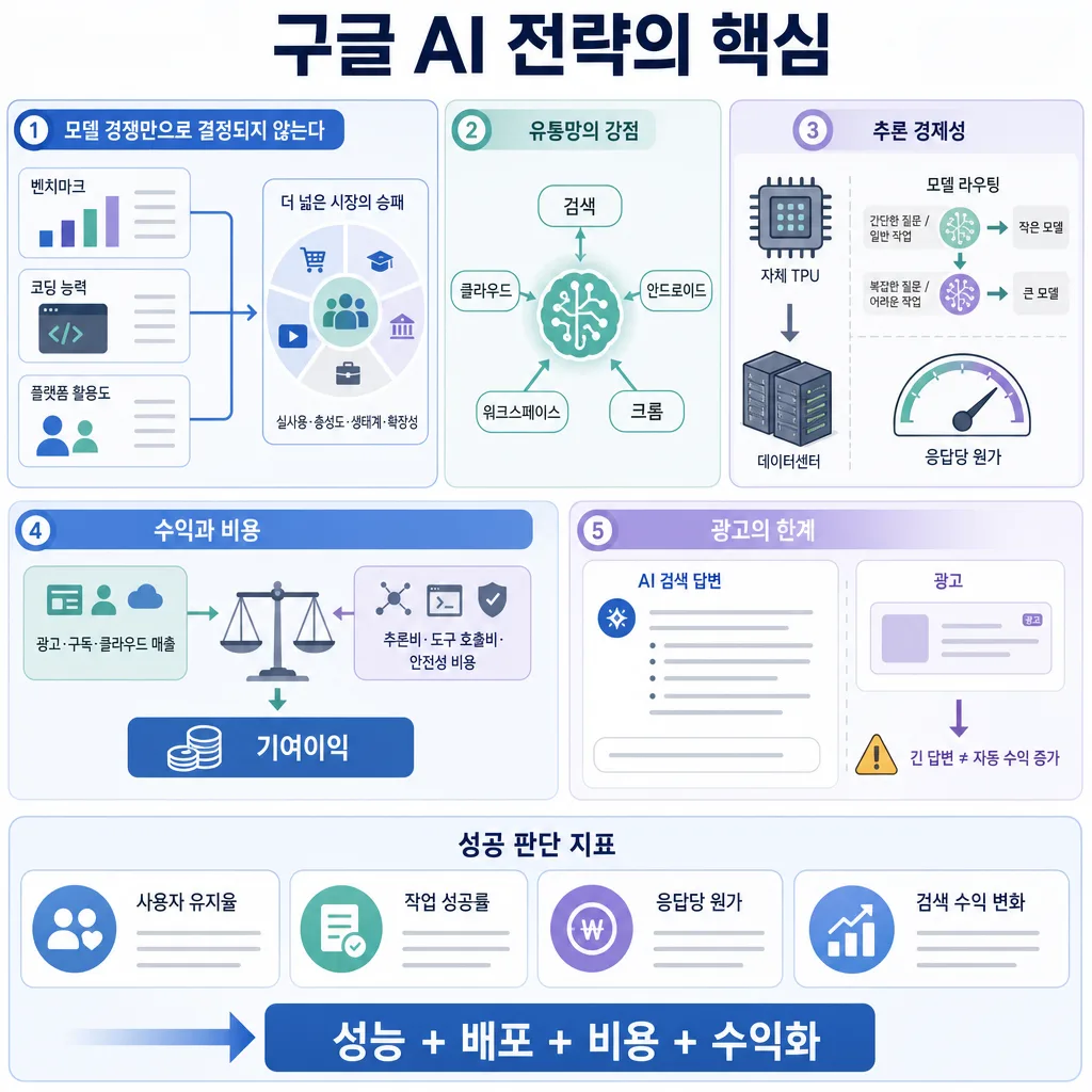 모델 경쟁, 유통망, 추론 경제성, 비용·수익, 광고 한계를 정리한 구글 AI 전략 인포그래픽