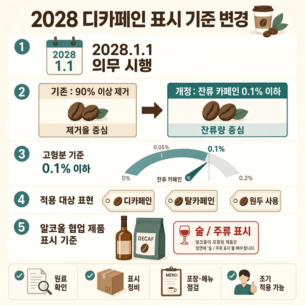 2028년 디카페인 커피 표시 기준 변경을 설명하는 한국어 인포그래픽