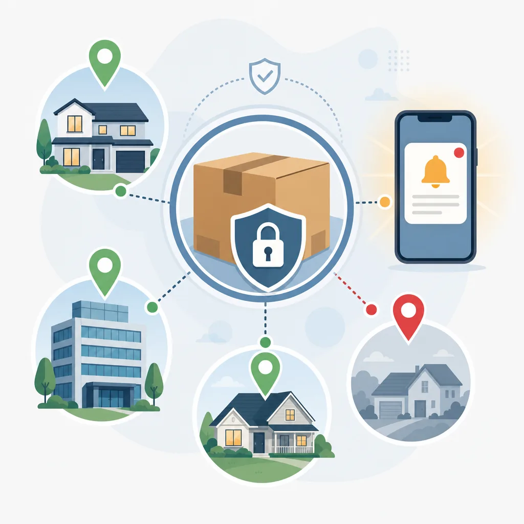Secure parcel with address pins, homes, office building, and phone notification