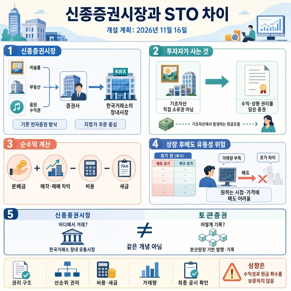 신종증권시장 구조, 투자자 권리, 수수익 계산, 유동성 위험과 STO 차이를 설명하는 인포그래픽