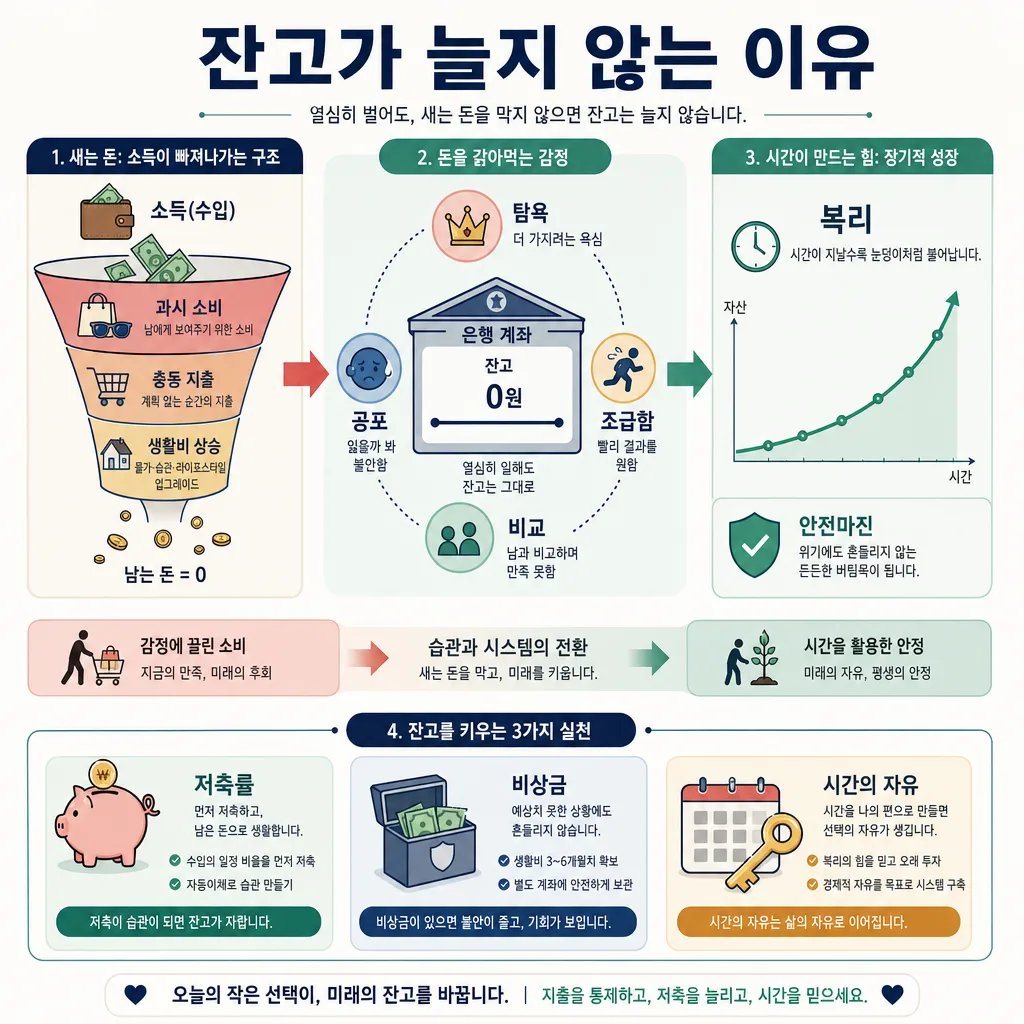 잔고가 늘지 않는 이유를 지출, 감정, 복리, 저축 습관으로 설명한 한국어 인포그래픽