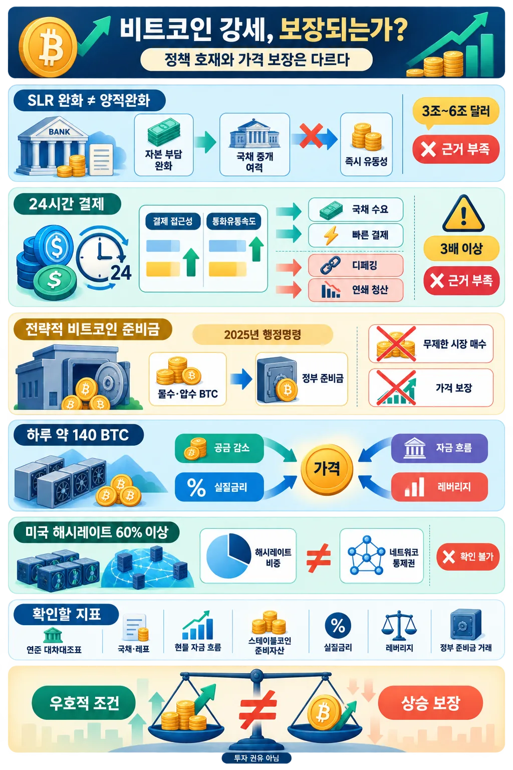 비트코인 강세 요인과 가격 보장의 차이를 설명하는 한국어 인포그래픽