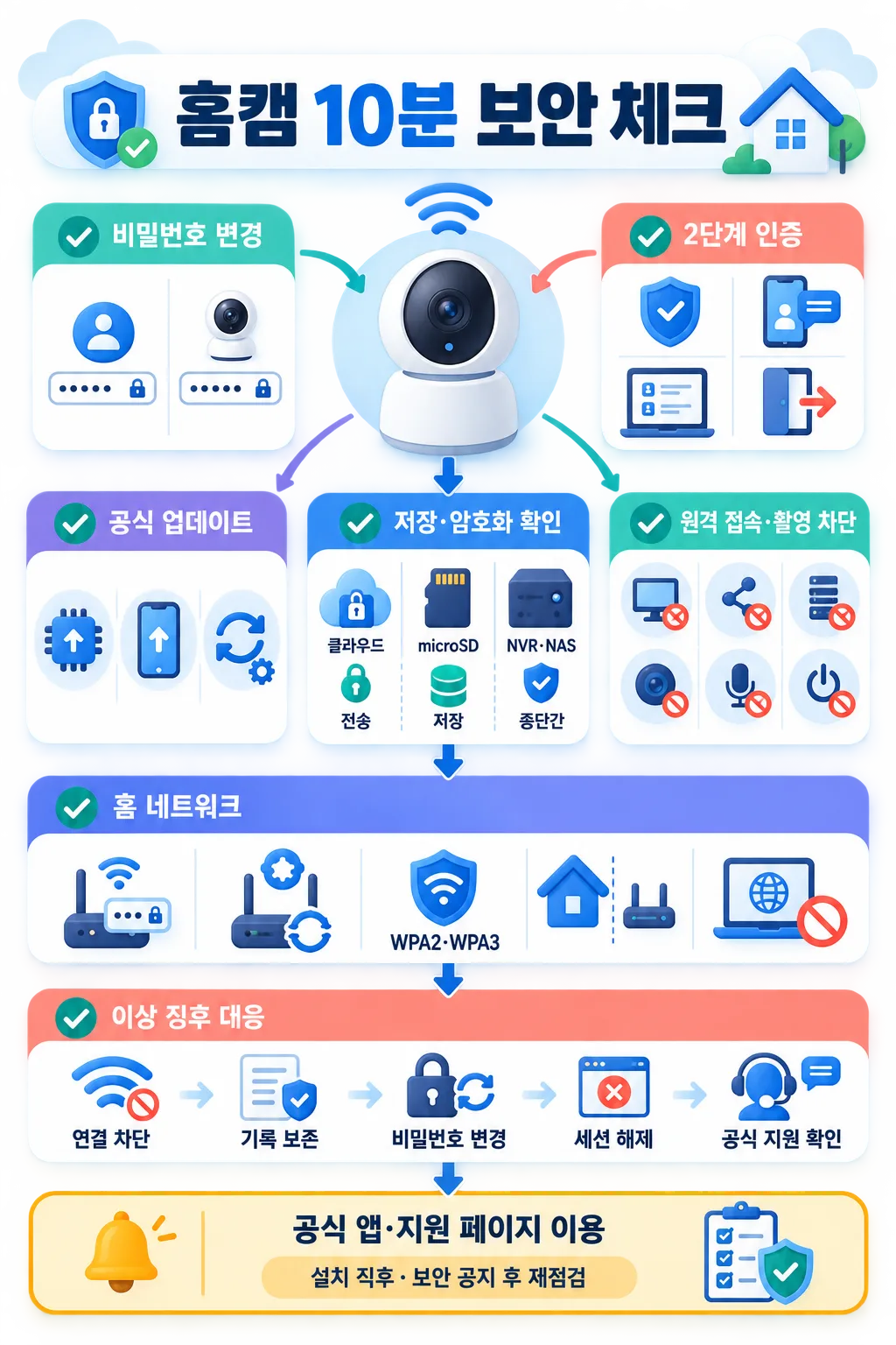홈캠을 중심으로 비밀번호, 2단계 인증, 업데이트, 저장 방식, 네트워크 보안을 안내하는 체크리스트