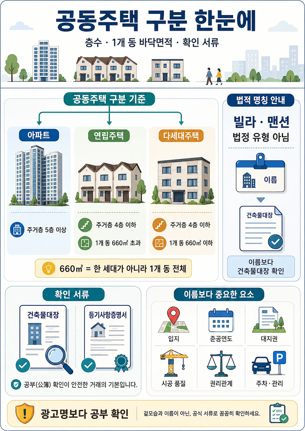 아파트·연립주택·다세대주택의 층수와 면적 기준, 확인 서류를 정리한 한국어 인포그래픽