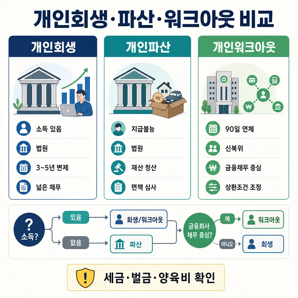 개인회생, 개인파산, 개인워크아웃 조건과 절차를 비교한 인포그래픽