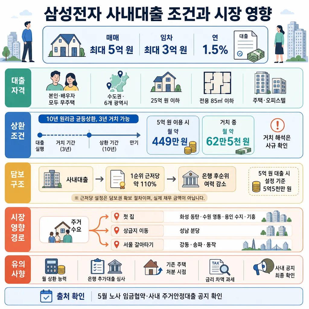 삼성전자 사내대출의 한도, 금리, 자격, 상환 조건, 담보 구조와 시장 영향을 정리한 인포그래픽