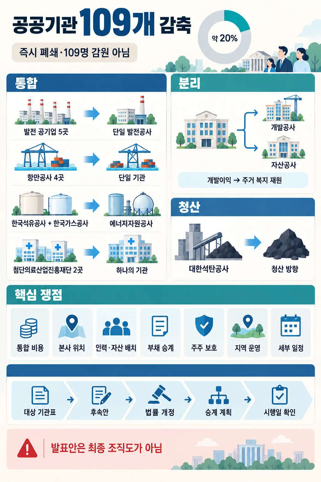 공공기관 109개 감축의 통합·분리·청산 방안과 핵심 쟁점 및 추진 절차를 정리한 인포그래픽